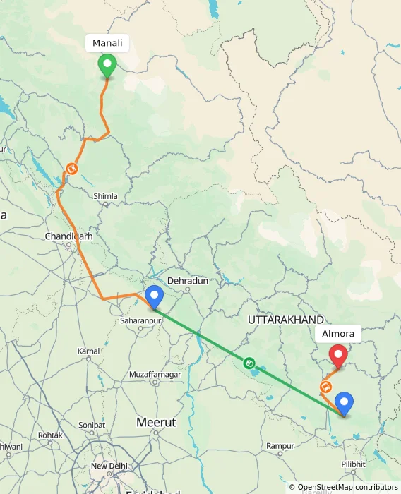 Route map showing distance and travel time from Manali, India to Almora, India