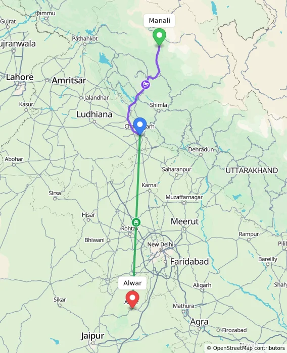 Route map showing distance and travel time from Manali, India to Alwar, India