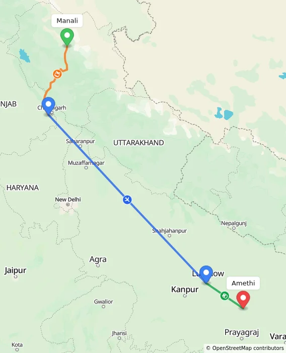 Route map showing distance and travel time from Manali, India to Amethi, India
