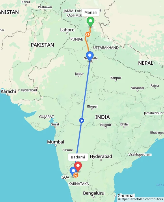 Route map showing distance and travel time from Manali, India to Badami, India