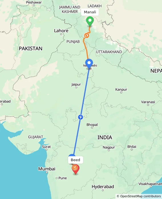 Route map showing distance and travel time from Manali, India to Beed, India