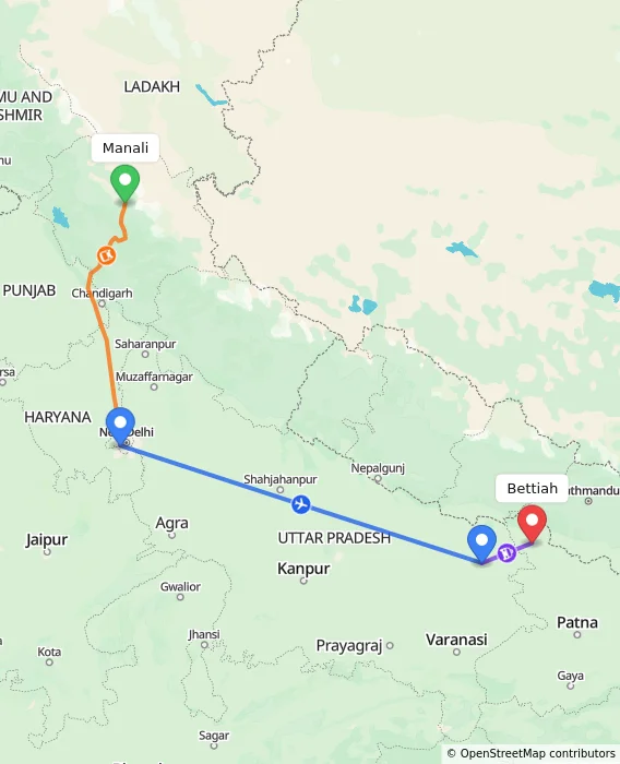 Route map showing distance and travel time from Manali, India to Bettiah, India