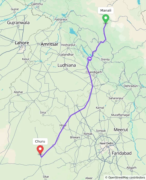 Route map showing distance and travel time from Manali, India to Churu, India