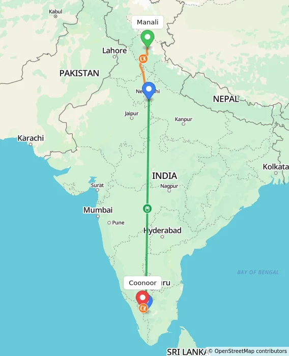 Route map showing distance and travel time from Manali, India to Coonoor, India