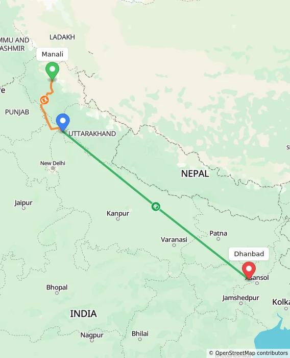Route map showing distance and travel time from Manali, India to Dhanbad, India