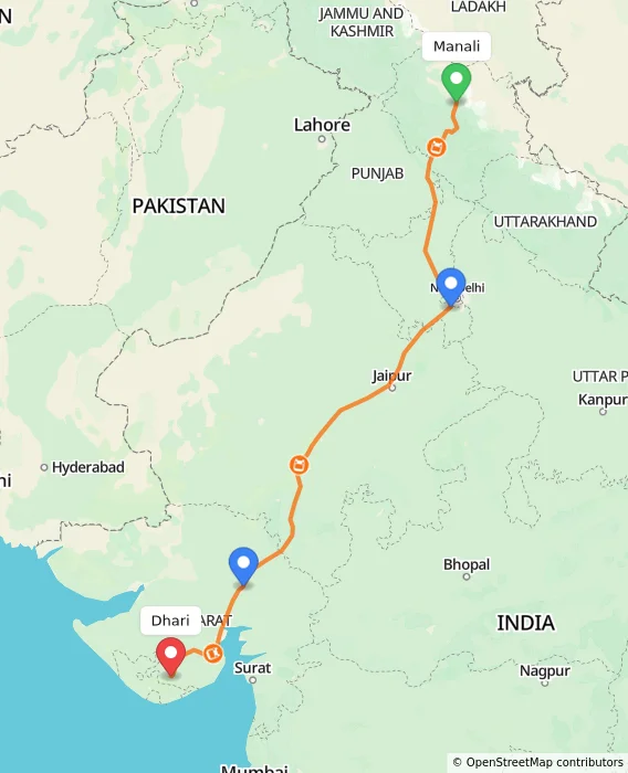 Route map showing distance and travel time from Manali, India to Dhari, India