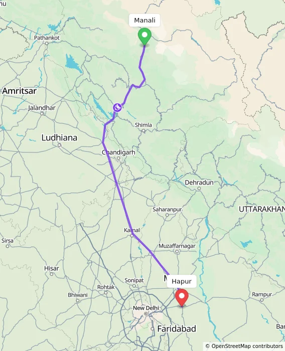 Route map showing distance and travel time from Manali, India to Hapur, India