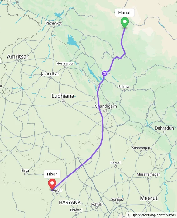 Route map showing distance and travel time from Manali, India to Hisar, India