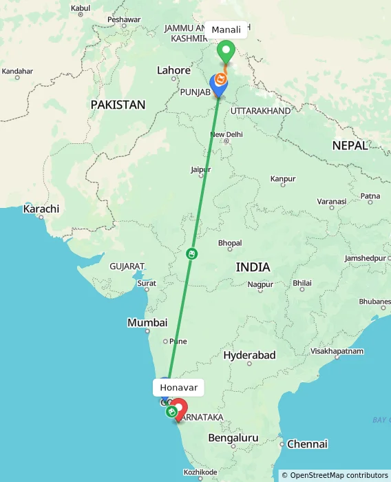 Route map showing distance and travel time from Manali, India to Honavar, India
