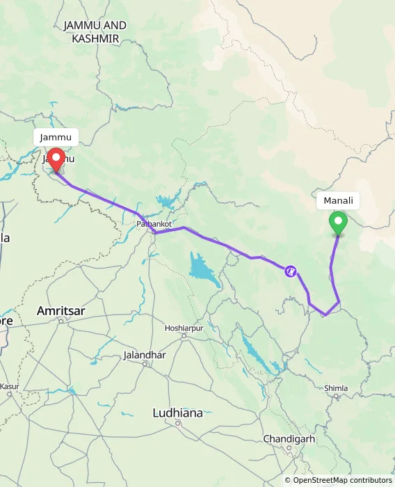 Route map showing distance and travel time from Manali, India to Jammu, India