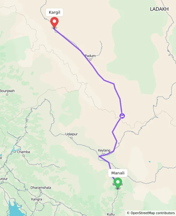 Route map showing distance and travel time from Manali, India to Kargil, India