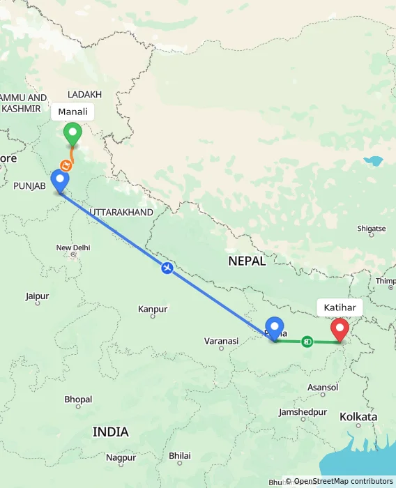 Route map showing distance and travel time from Manali, India to Katihar, India