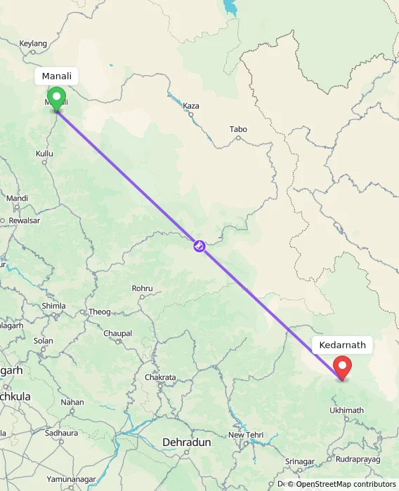 Route map showing distance and travel time from Manali, India to Kedarnath, India
