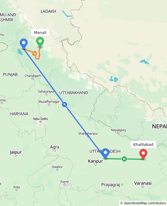 Route map showing distance and travel time from Manali, India to Khalilabad, India