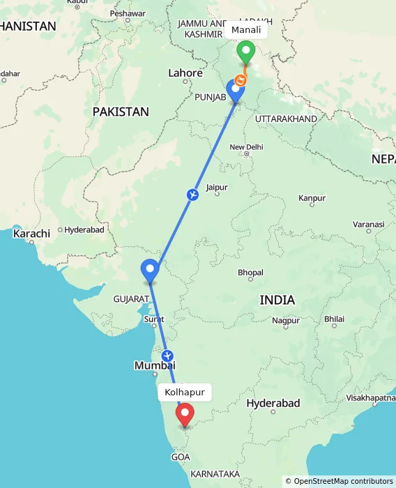 Route map showing distance and travel time from Manali, India to Kolhapur, India