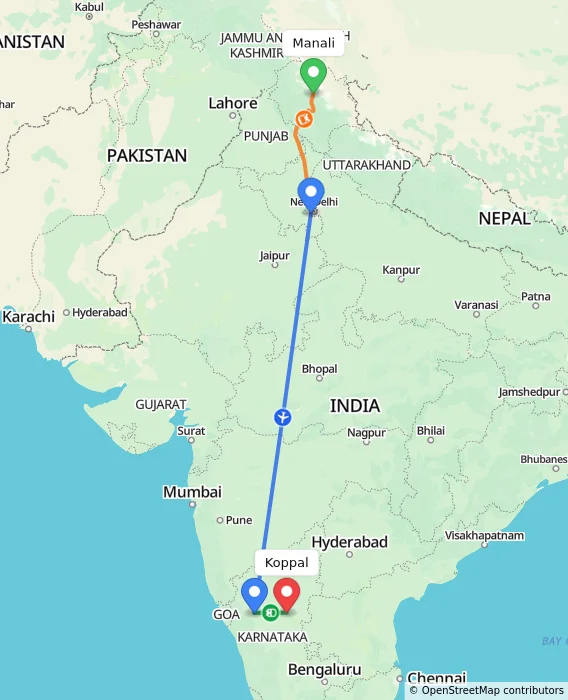 Route map showing distance and travel time from Manali, India to Koppal, India