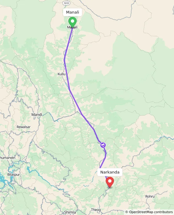 Route map showing distance and travel time from Manali, India to Narkanda, India