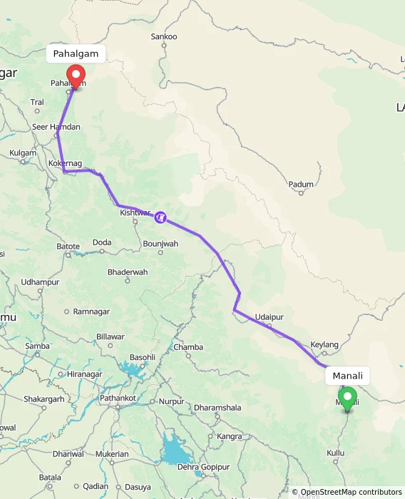 Route map showing distance and travel time from Manali, India to Pahalgam, India
