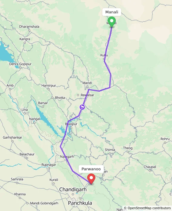 Route map showing distance and travel time from Manali, India to Parwanoo, India