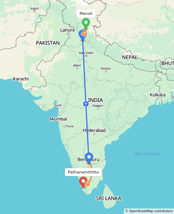 Route map showing distance and travel time from Manali, India to Pathanamthitta, India