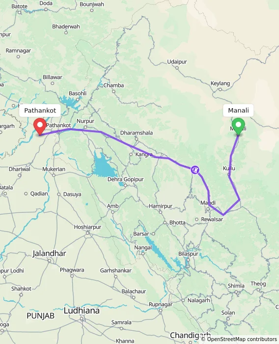 Route map showing distance and travel time from Manali, India to Pathankot, India