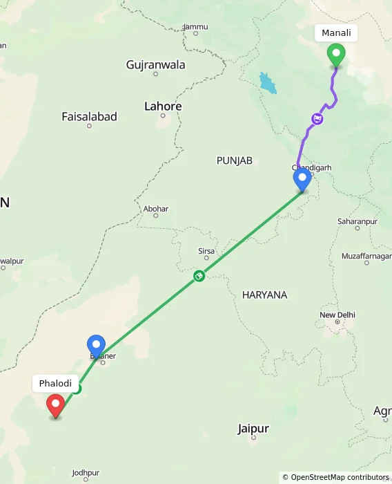 Route map showing distance and travel time from Manali, India to Phalodi, India