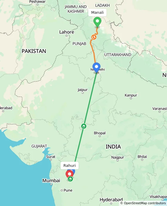 Route map showing distance and travel time from Manali, India to Rahuri, India
