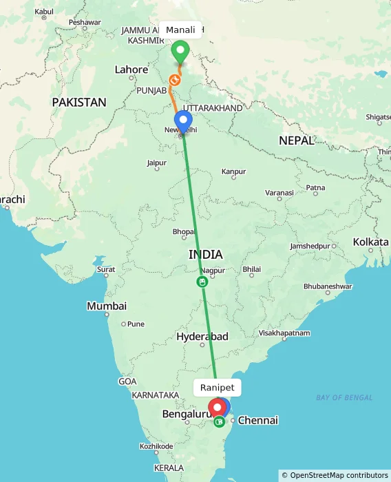 Route map showing distance and travel time from Manali, India to Ranipet, India