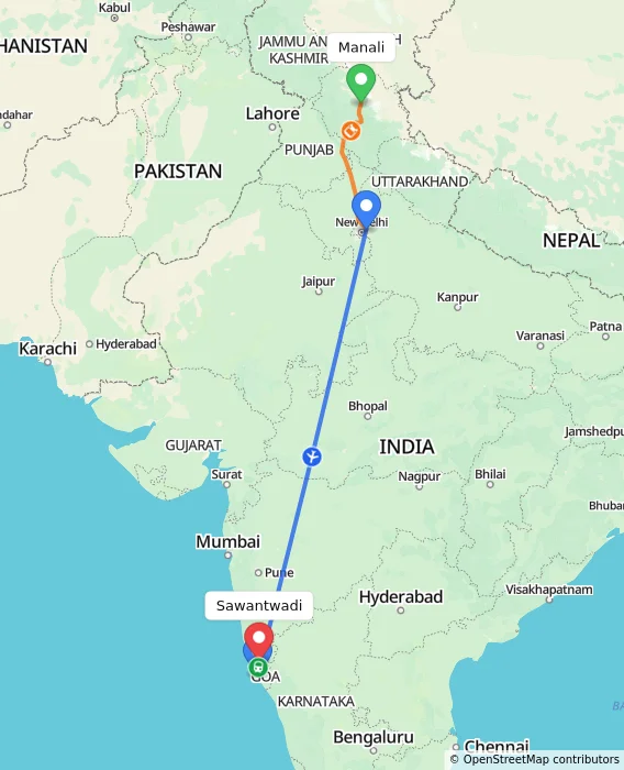 Route map showing distance and travel time from Manali, India to Sawantwadi, India
