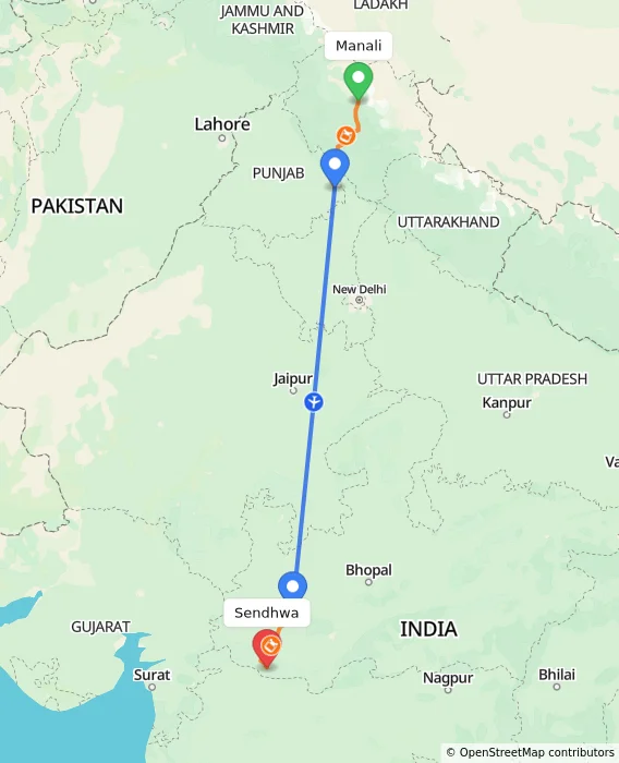 Route map showing distance and travel time from Manali, India to Sendhwa, India