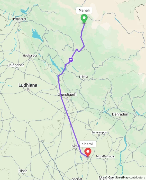 Route map showing distance and travel time from Manali, India to Shamli, India