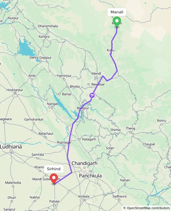Route map showing distance and travel time from Manali, India to Sirhind, India
