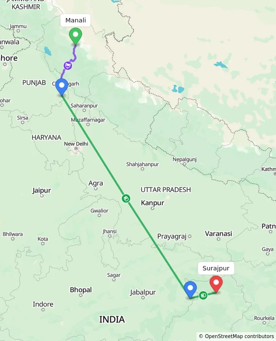 Route map showing distance and travel time from Manali, India to Surajpur, India