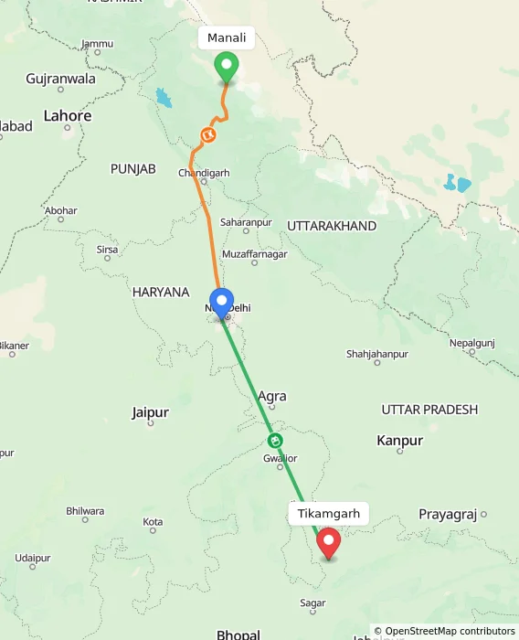 Route map showing distance and travel time from Manali, India to Tikamgarh, India