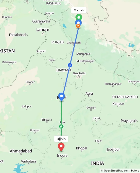 Route map showing distance and travel time from Manali, India to Ujjain, India