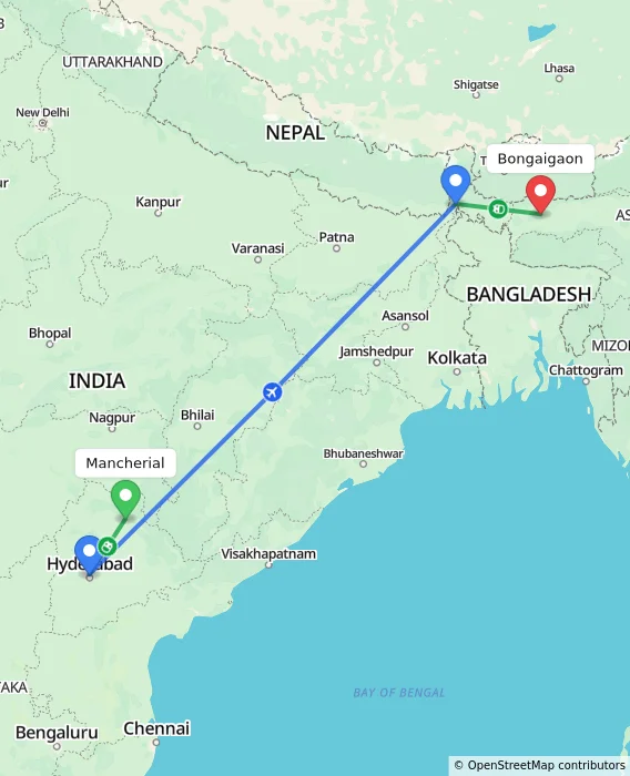 Route map showing distance and travel time from Mancherial, India to Bongaigaon, India