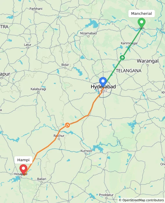 Route map showing distance and travel time from Mancherial, India to Hampi, India