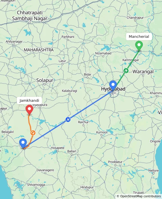 Route map showing distance and travel time from Mancherial, India to Jamkhandi, India