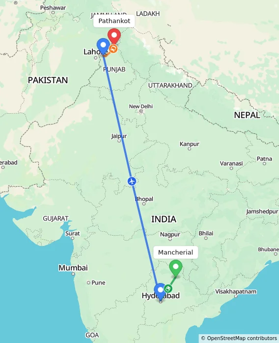 Route map showing distance and travel time from Mancherial, India to Pathankot, India