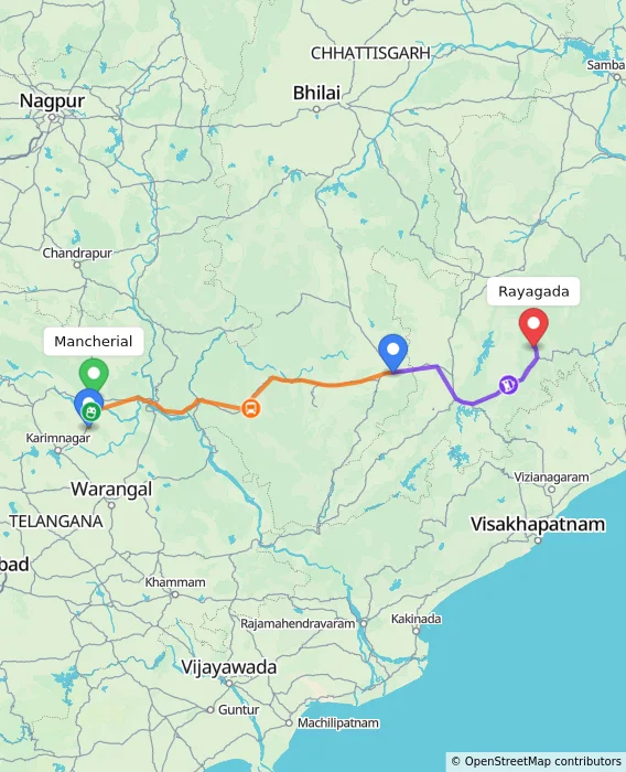 Route map showing distance and travel time from Mancherial, India to Rayagada, India