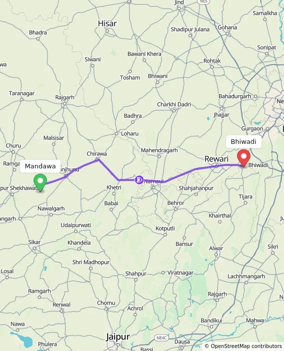 Route map showing distance and travel time from Mandawa, India to Bhiwadi, India