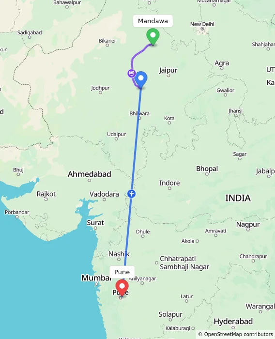 Route map showing distance and travel time from Mandawa, India to Pune, India