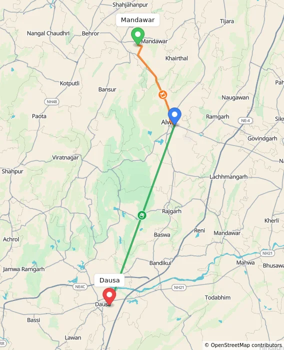 Route map showing distance and travel time from Mandawar, India to Dausa, India