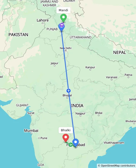 Route map showing distance and travel time from Mandi, India to Bhalki, India