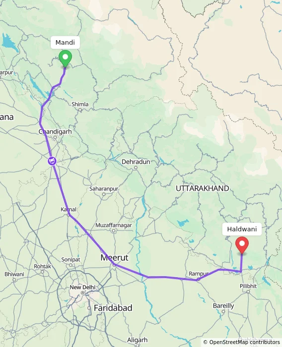 Route map showing distance and travel time from Mandi, India to Haldwani, India