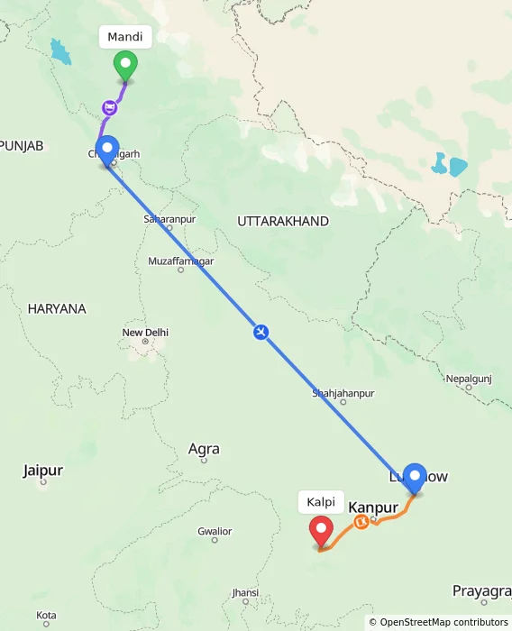 Route map showing distance and travel time from Mandi, India to Kalpi, India
