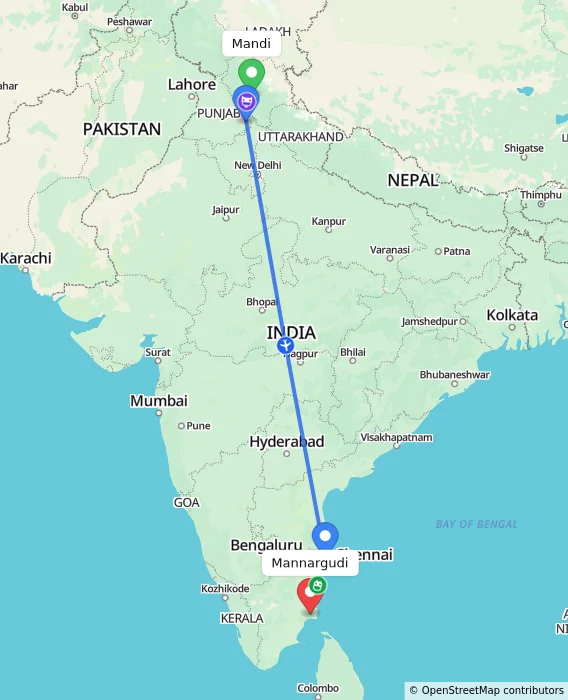 Route map showing distance and travel time from Mandi, India to Mannargudi, India