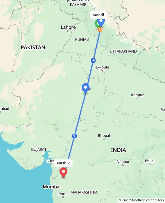 Route map showing distance and travel time from Mandi, India to Nashik, India
