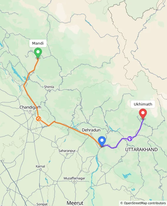 Route map showing distance and travel time from Mandi, India to Ukhimath, India