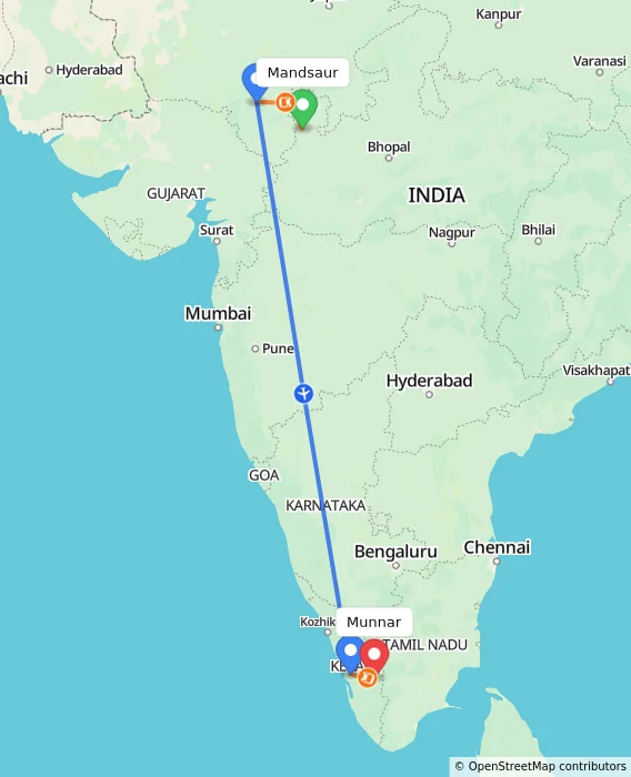 Route map showing distance and travel time from Mandsaur, India to Munnar, India